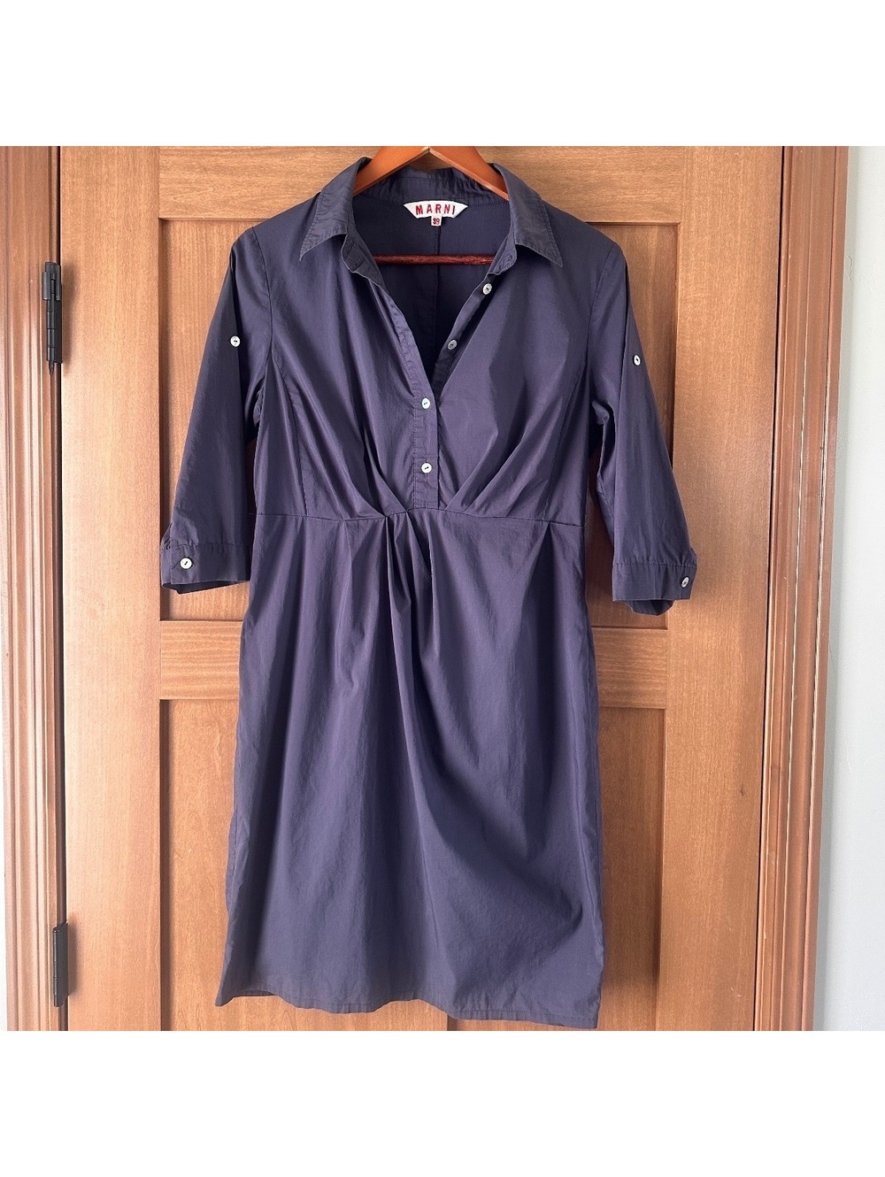 MARNI Navy Cotton Poplin Gathered Empire Waist Shirt Dress Size 38 (US 2)